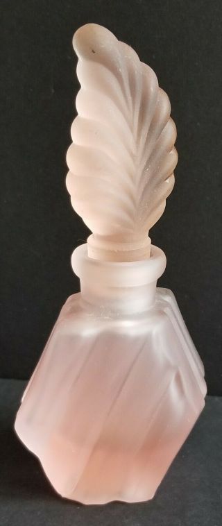 Perfume Bottle Vintage Pink Satin Frosted Glass W/ Leaf Stopper