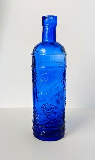 Cobalt Blue Glass Wine Bottle Grape & Leaf Pattern Glass Vintage Vase