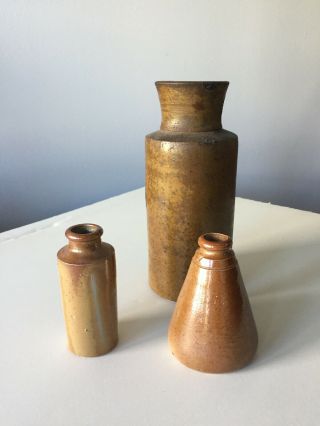 3 Antique Salt Glazed Stoneware Ink Bottles 7 1/4 " High.  3 1/2 " High.  3 1/2 " High
