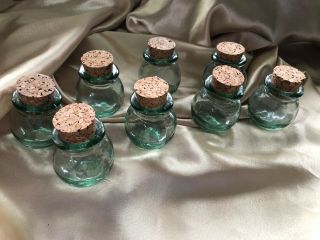 8 Vintage Round Rosenthal Netter Green Glass Jars With Cork Lids