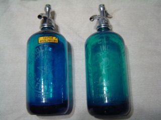 Vintage 40s/50s Turquoise Blue Glass Seltzer Bottle " Excelsior,  Scholtz Bros.  "