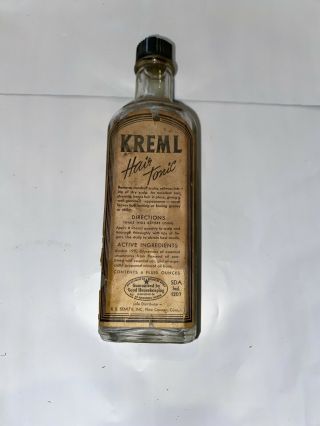 Vintage Kreml Hair Tonic 6 Oz Bottle With Label - 1/2 Full - Bg29