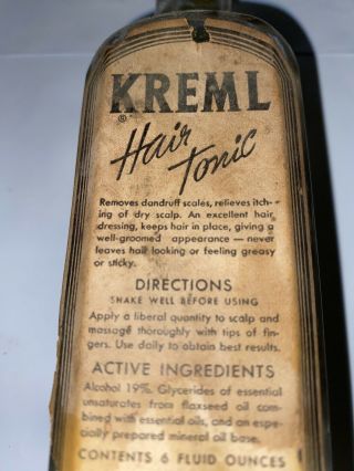 Vintage Kreml Hair Tonic 6 oz bottle With Label - 1/2 Full - BG29 2