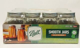 Ball Smooth Sided Glass Mason Jars With Lids & Bands Regular Mouth 16 Oz 12 Pk