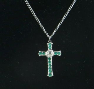 Antique Vintage Silver Tone Stanhope Cross Lords Prayer With Emerald Rhinestones
