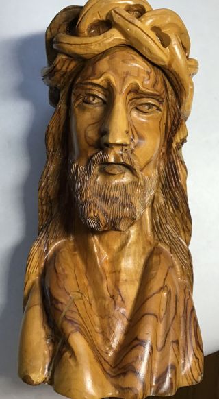 Olive Wood Hand Carved Art Jesus Christ Face Head Bust Statue Figurine 9”