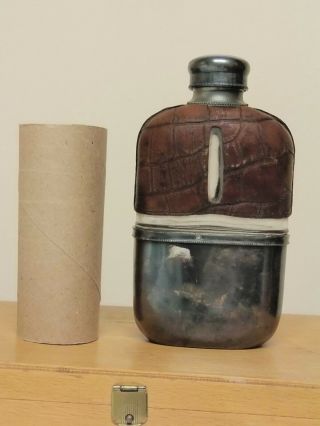 Antique Rodgers Bros.  3/4 Cup Silver Plated Leather Glass Hip Flask With Cup
