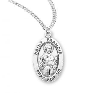 St Saint Francis Of Assisi - 0.  9 " Sterling Silver Oval Medal,  20 " Chain S925520