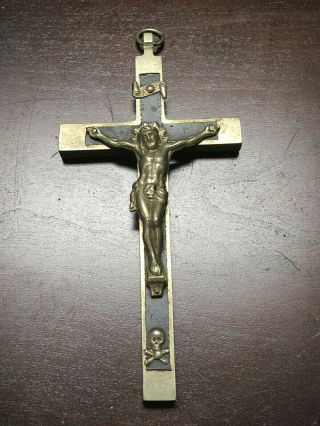 Vintage Wood & Metal Crucifix With Skull & Crossbones,  Made In France