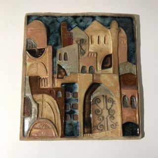 Vintage Jerusalem Enamel Glaze Tile - Layered City Scape - Large Wall Hanging