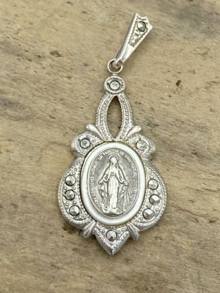 Vintage Catholic Sterling Silver Miraculous Medal,  Marcasite,  Mop,  Theda