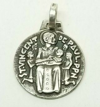 Antique French Sterling Silver Religious St.  Vincent Medal Pendant By Fernand Py