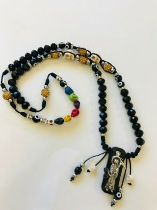 Santa Muerte 7 Potencias Black Necklace Beads And Skull Handmade Rosary Pendant