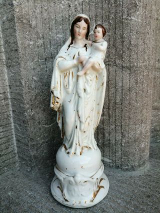 Antique Porcelain Vieux Paris Virgin Mary With Child Baby Jesus Standing Figure