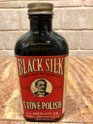 Vintage Black Silk Stove Polish 6 Oz Bottle,  Full