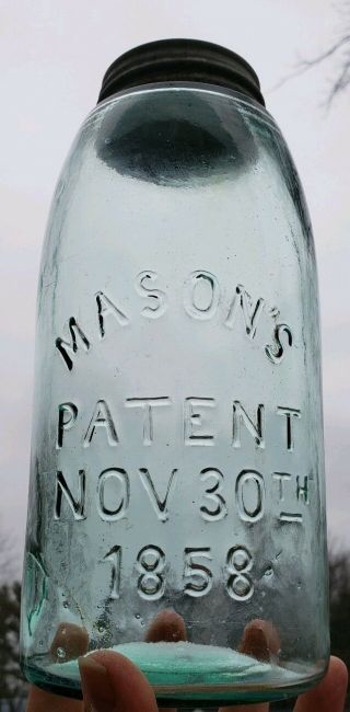 Crude Antique Masons Patent 1858 1/2 Gal Fruit Jar Shoulder Seal W/ Amber Swirl