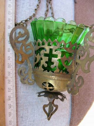 Russian,  Lamp For Icon,  Lampada Orthodox Antique Old Bronze With A Green Cup M
