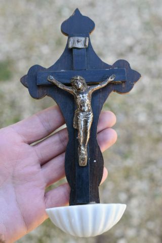 ⭐ Antique French Religious Wall Cross,  Crucifix,  Holy Water Font,  19 Th Century⭐