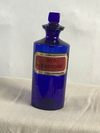 Lg Vintage Antique Cobalt Blue Glass Apothecary Bottle W/ Label Sry: Eastonii