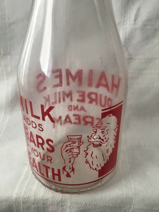 Vintage Quart Milk Bottle Haime’s Dairy Milk And Cream Minnesota? Old Man