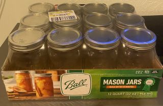 Wide Mouth Ball 32 Oz Glass Mason Jars With Lids And Bands - 12 Count