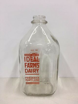 Vintage Ideal Farms Dairy Farm Frederick Maryland Glass Milk Bottle Half Gallon