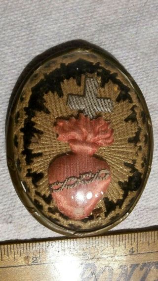 Antique Victorian Glass Brass Picture Frame Embroidered Sacred Heart Cross Relic
