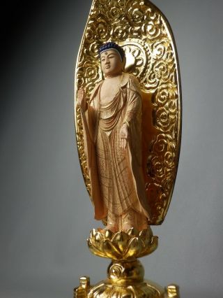 Japanese H32.  5cm 12.  8” Buddhist Gold Gilt Lacquered Wood Amida Nyorai Statue