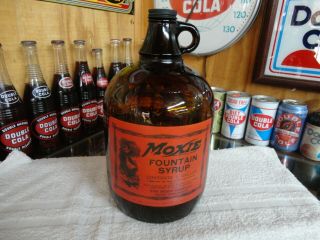 Moxie Amber Glass Paper Label Soda Fountain Syrup 1 Gallon Jug