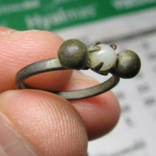 ANTIQUE SPANISH MEDIEVAL BRONZE RING COLONIAL TIMES WITH WHITE STONE 16 - 17th.  C 3