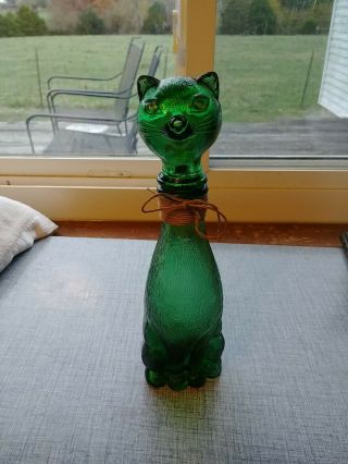 Vintage Italian Bessi Green Glass Cat Wine Decanter/bottle,  9 " Tall,  2714
