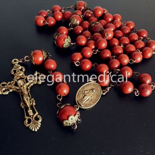 Rare Red Carnelian Rose Beads Vintage Catholic Rosary Necklace Cross Crucifix