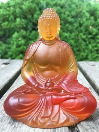Amber Color Medicine Buddha Pate - De - Verre / Lost Wax Crystal Art Glass Statue