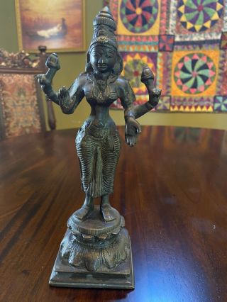 Vintage Old Bronze Hindu Goddess Of Wealth Lakshmi Figurine Statue 9”