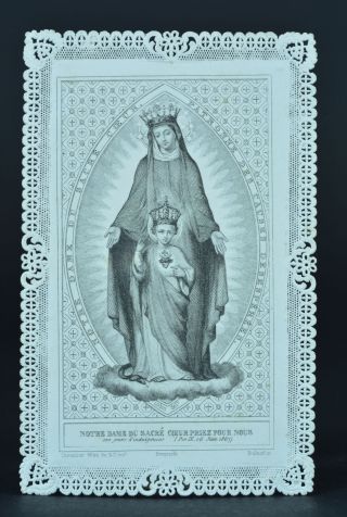 19thc French Lace Holy Card Signed " Our Lady Of The Sacred Heart " Canivet