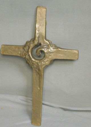 Vintage Mid - Century Modern Cast Bronze Cross Crucifix Sculpture Abstract Swirl