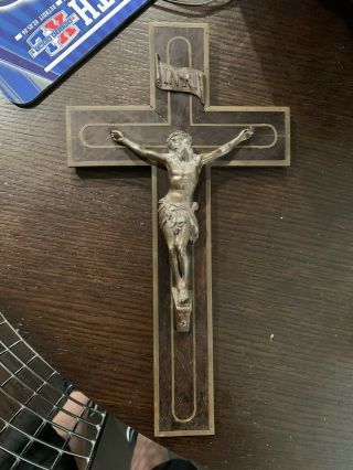 Antique French Crucifix Cross Bronze Inlay 1900’s Jesus Church Religion 15.  5x9