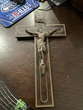 Antique French Crucifix Cross Bronze Inlay 1900’s Jesus Church Religion 15.  5x9 2