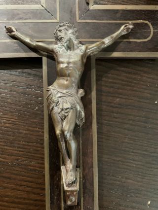 Antique French Crucifix Cross Bronze Inlay 1900’s Jesus Church Religion 15.  5x9 3