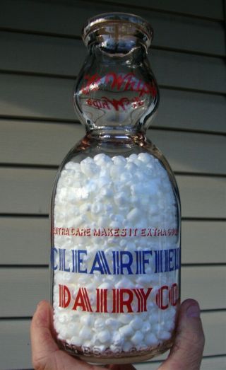 Clearfield Dairy Co.  Two Color Pyro Quart Cream Top Pennsylvania Milk Bottle