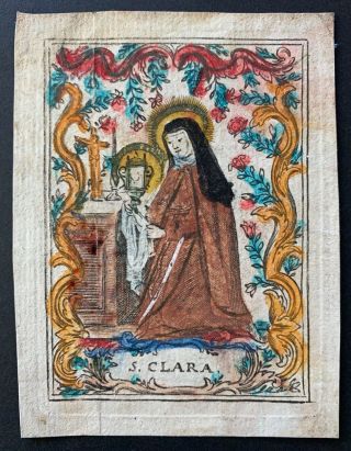 Engraving Antique 18th Century Holy Card St Clara Hand Paint On Paper