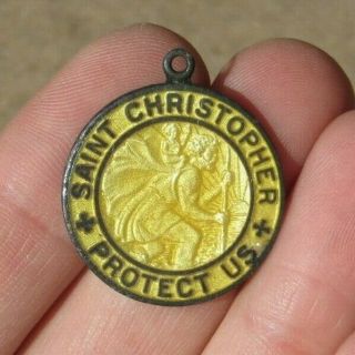 Vintage 1” Saint St.  Christopher Sterling Silver Enamel Pendant Charm Medal