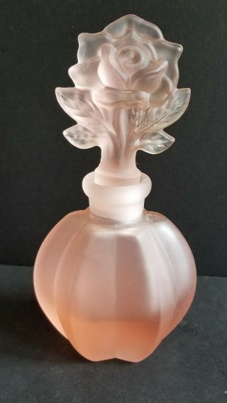 Perfume Bottle Vintage Pink Satin Frosted Glass W/ Flower Rose Stopper