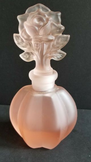 Perfume Bottle Vintage Pink Satin Frosted Glass w/ Flower Rose Stopper 2