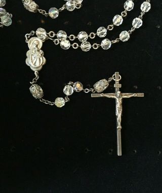 Vintage Sterling Silver Necklace Inri Cross Crucifix Rosary Glass Beads Mary