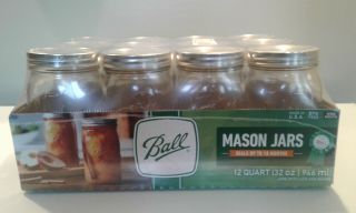 Ball 32 Oz Wide Mouth Canning Mason Jar Lids Bands Clear Glass Quart Jars 12/box