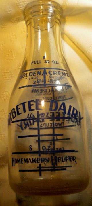 Vintage Arbettee Dairy Round Pyro Quart Milk Bottle,  Centralia Washington