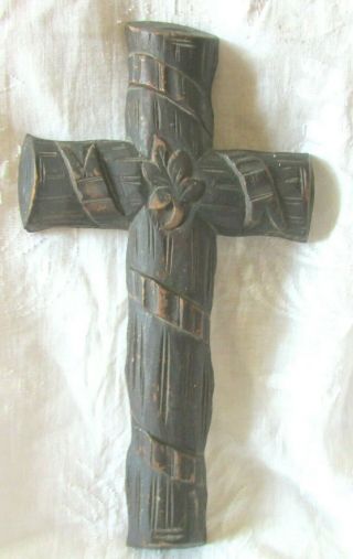 Stunning Antique French Solid Hand Carved Wooden Cross Crucifix Leaf Design 14 "