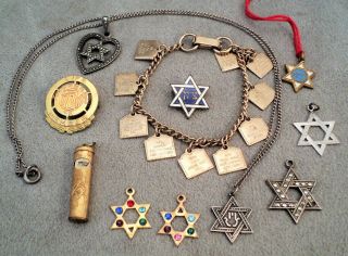 11 Vtg Star Of David Judaica Zion Pendant Pin Sterling; 10 Commandments Bracelet