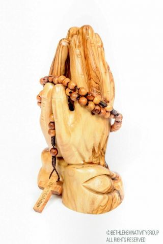 Hand Carved Olive Wood Praying Hands With A Rosary Beads.
